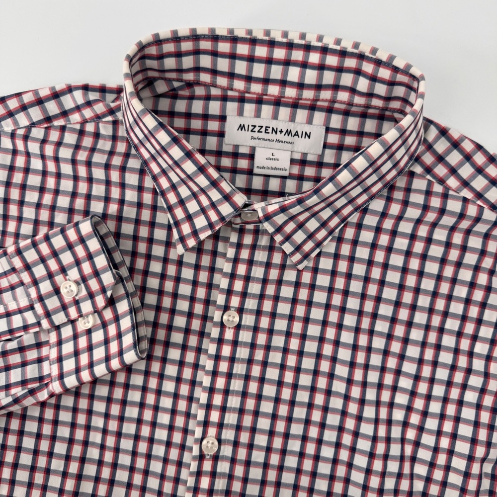 Mizzen+Main Button Front Men L White Plaid Performance Stretch Classic Fit Shirt